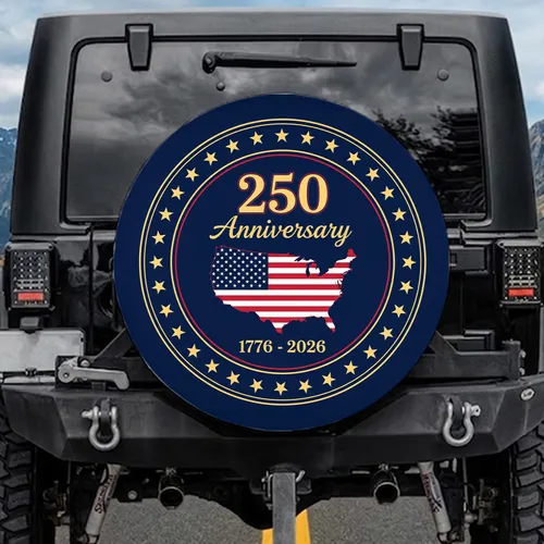 Gold 250th Anniversary USA Map Flag Stars 1776-2026 - Independence Day Patriotic Spare Tire Cover