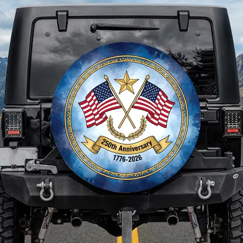Golden Star Crossed American Flags 1776-2026 - USA 250th Anniversary Patriotic Celebration Spare Tire Cover