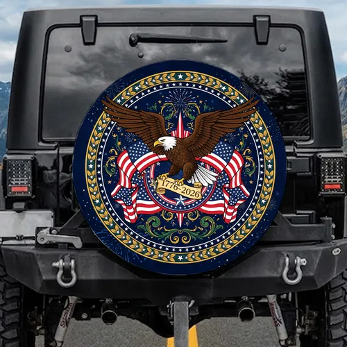 Bald Eagle American Flag 1776-2026 - USA 250th Anniversary Laurel Wreath Patriotic Spare Tire Cover