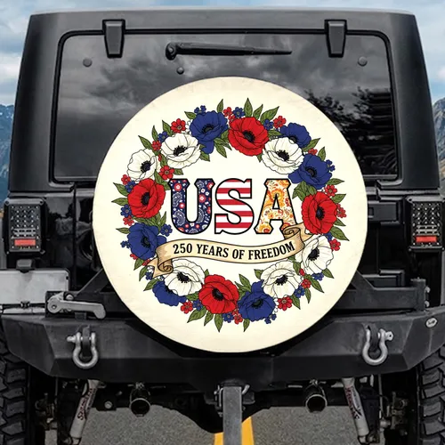 USA 250 Years Freedom Poppies Floral Art - America's 1776-2026 Anniversary Tribute Spare Tire Cover