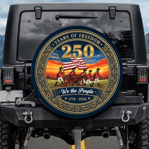 Colonial Soldiers Cannon Betsy Ross Flag 1776-2026 - USA 250th Anniversary Years of Freedom Spare Tire Cover