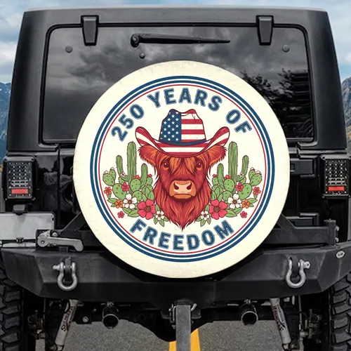 Highland Cow Flag Hat '250 Years of Freedom' - USA 250th Anniversary 1776-2026 Spare Tire Cover