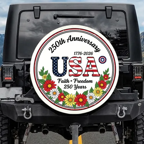 Distressed USA Stars Stripes Wreath 250th Anniversary 1776-2026 Faith Freedom Emblem Spare Tire Cover