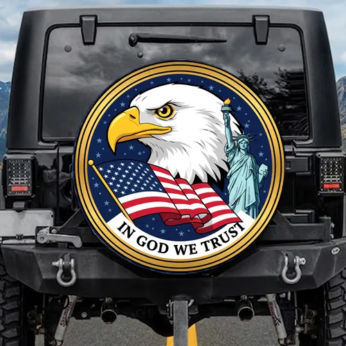 Bald Eagle American Flag Statue of Liberty IN GOD WE TRUST - USA 250th Anniversary 1776-2026 Spare Tire Cover