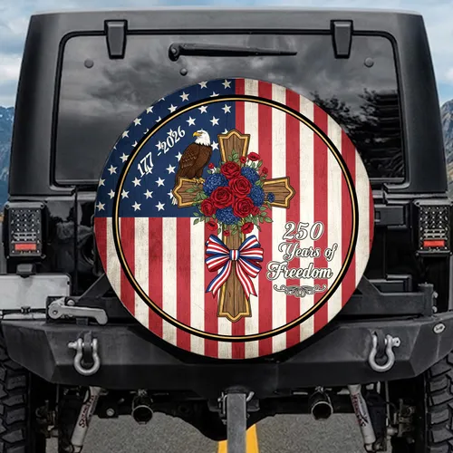 Bald Eagle Cross American Flag 1776-2026 - USA 250th Anniversary Patriotic Heritage Spare Tire Cover