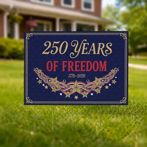 Scroll Script 250 Years of Freedom Patriotic Star Ribbon Garland 1776-2026 USA Anniversary Yard Sign