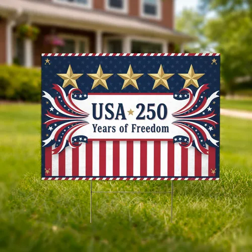USA 250 Years of Freedom Banner, Gold Stars & Red White Blue Ribbons - 250th Anniversary Yard Sign