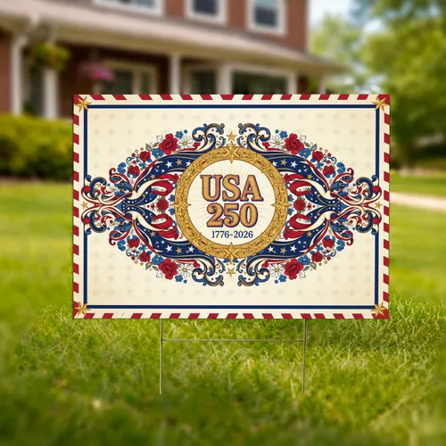 USA 250th Anniversary 1776-2026 Patriotic Emblem Scrollwork Stars Red White Blue Yard Sign