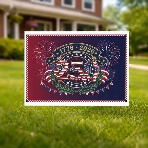 USA 250th Anniversary 1776-2026 Emblem, Fireworks, Laurel Patriotic Design Yard Sign
