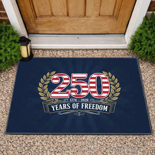 Patriotic USA 250th Anniversary 1776-2026 Freedom Emblem Laurel Wreath Banner Art Doormat