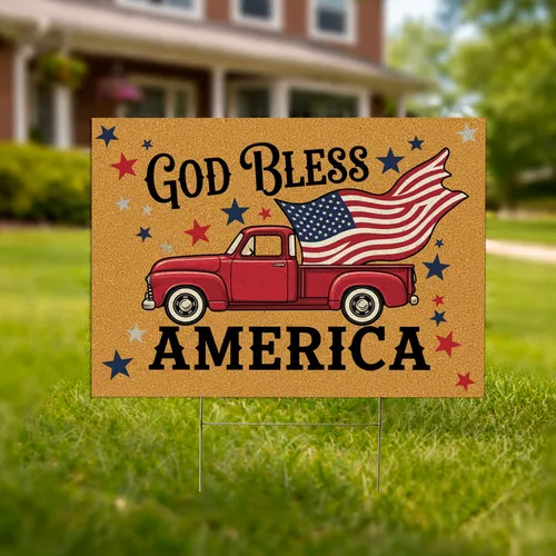 Vintage Red Truck American Flag God Bless America - USA 250th Anniversary (1776-2026) Yard Sign