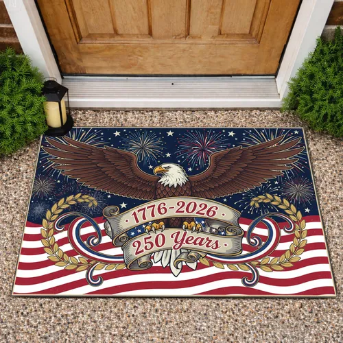 Bald Eagle American Flag 1776-2026 Fireworks - 250th Anniversary Independence Day Doormat