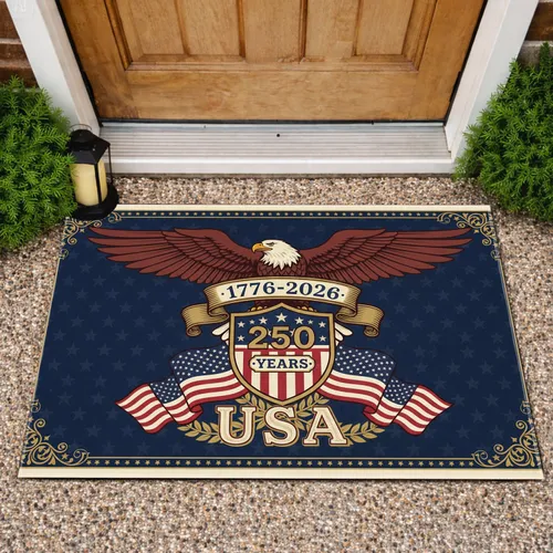 Bald Eagle American Flag 1776-2026 Gold Banner - USA 250th Anniversary Star Shield Doormat