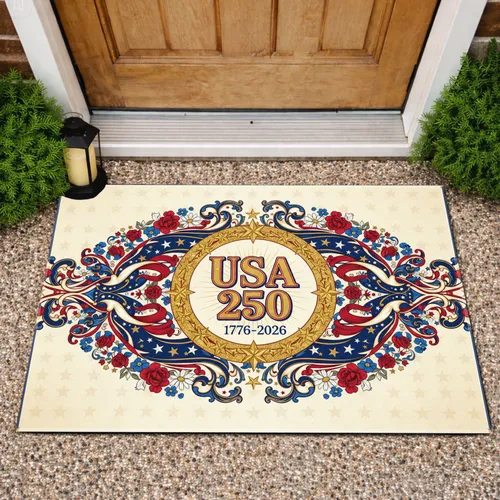 USA 250th Anniversary 1776-2026 Patriotic Emblem Scrollwork Stars Red White Blue Doormat