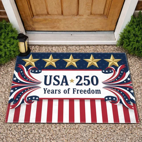 USA 250 Years of Freedom Banner, Gold Stars & Red White Blue Ribbons - 250th Anniversary Doormat