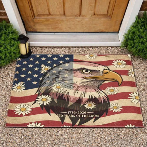 Distressed Bald Eagle American Flag 1776-2026 - USA 250th Anniversary Patriotic Daisy Flowers Doormat