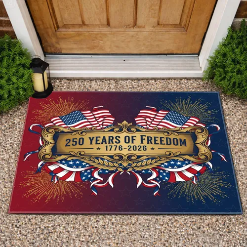 250 Years of Freedom 1776-2026 American Flag Laurel Bunting Gold Border - USA 250th Anniversary Doormat