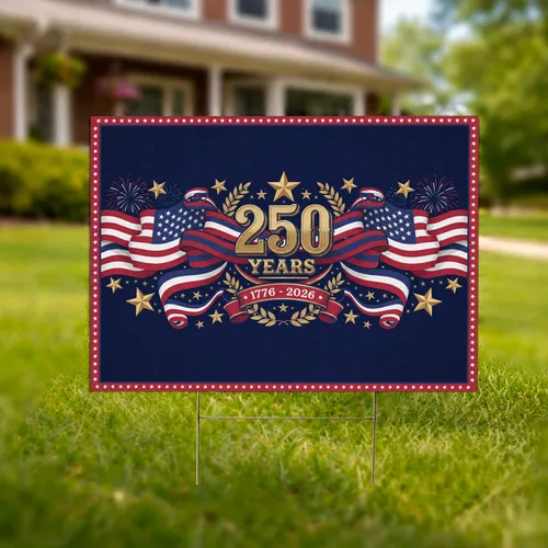 250 Years USA Anniversary Flag 1776-2026 Gold Emblem Laurel Wreath Firework Stars Yard Sign