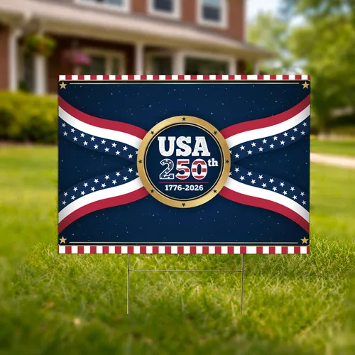 USA 250th 1776-2026 Emblem - Patriotic Stars Stripes Gold Anniversary Independence Day Yard Sign