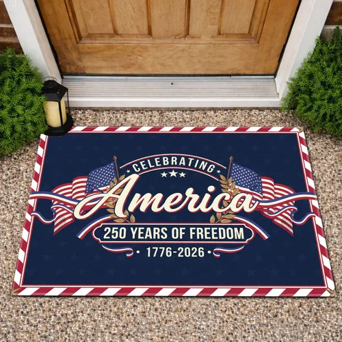 America 250th Anniversary Flag 1776-2026 - Patriotic Laurel Wreath Display Doormat