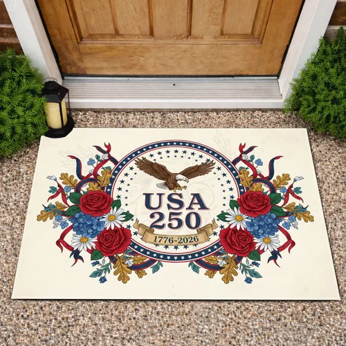 USA 250th Anniversary Bald Eagle Emblem 1776-2026 - Patriotic Floral Heritage Design Doormat