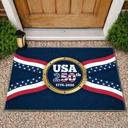 USA 250th 1776-2026 Emblem - Patriotic Stars Stripes Gold Anniversary Independence Day Doormat