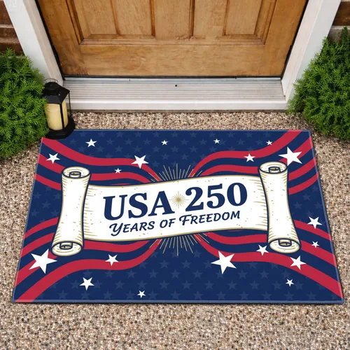 Patriotic USA 250 Years of Freedom Banner - American Flag Stars 1776-2026 Commemorative Doormat