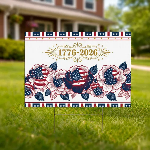 Patriotic Floral 1776-2026 Scrollwork Banner - USA 250th Anniversary Star Spangled Art Yard Sign