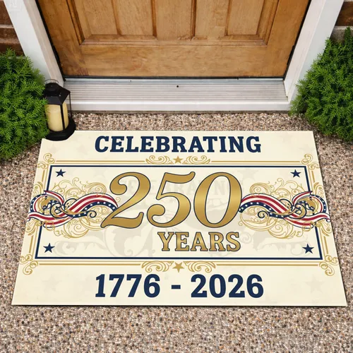 Celebrating 250 Years 1776-2026 - USA 250th Anniversary Patriotic Stars Gold Bunting Doormat