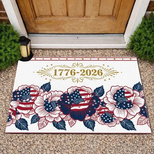Patriotic Floral 1776-2026 Scrollwork Banner - USA 250th Anniversary Star Spangled Art Doormat