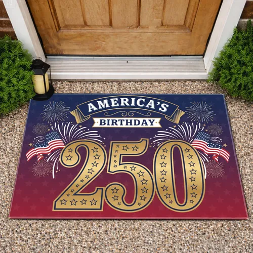 250th America's Birthday 1776-2026 Gold Star-Spangled Flag & Fireworks Decor Doormat