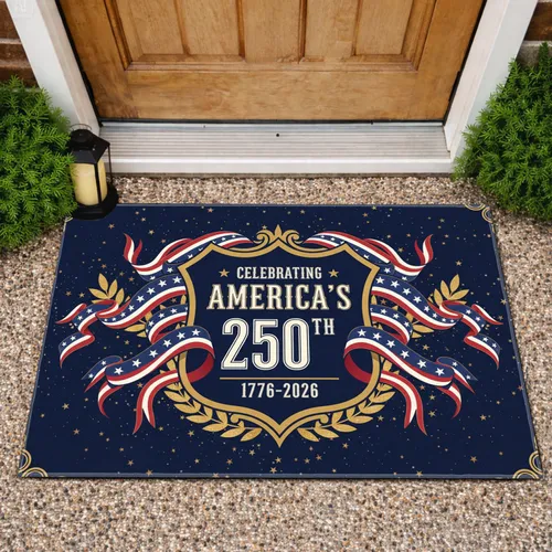Patriotic Shield 1776-2026 America 250th Anniversary Flag Gold Border Celebration Doormat