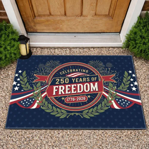 Celebrating 250 Years of Freedom 1776-2026 Patriotic Emblem Laurel Stars Design Doormat