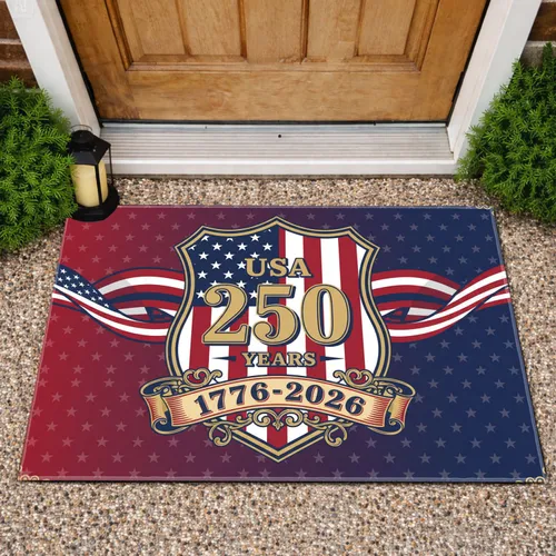 Gold 250 USA Years Shield 1776-2026 - America's 250th Anniversary Patriotic Flag with Bunting Doormat