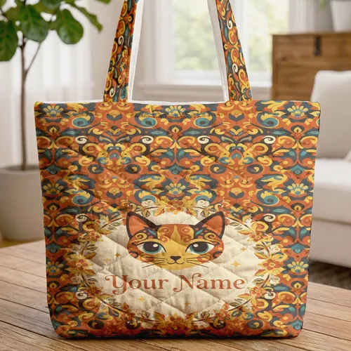 Cat Face Floral Wreath Your Name - Cat Lover Everyday Gift Quilted Tote Bag