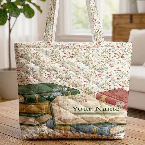 Scattered Wildflowers Berries Stacked Vintage Books - Home Decor Gift for Readers Quilted Tote Bag