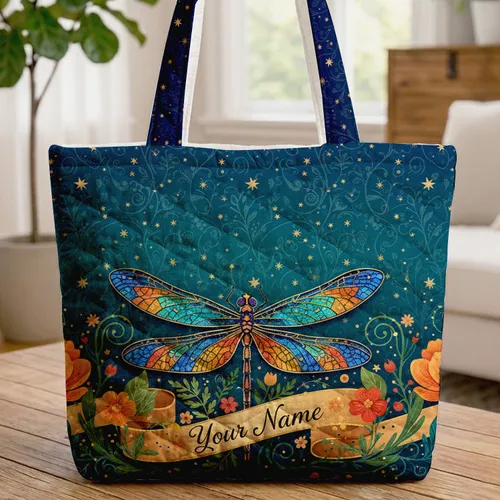Iridescent Dragonfly Mosaic Wings Golden Stars Flowers - Everyday Tote Quilted Tote Bag