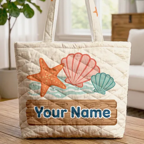 Personalized Starfish Conch Seashell Sign - Coastal Decor Gift Quilted Tote Bag