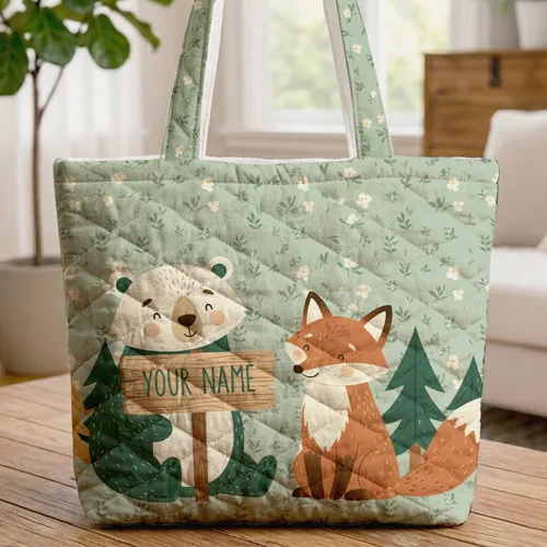 Bear Fox Forest Camping Wooden Sign - Wildlife Lover Gift Quilted Tote Bag