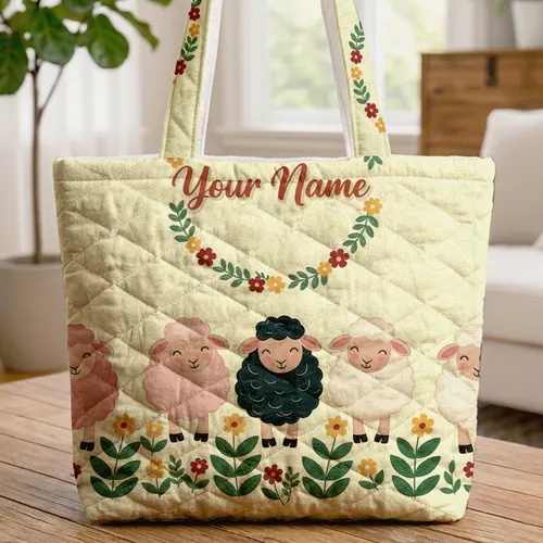 Five Sheep Field Flowers Name Wreath - Everyday Gift for Sheep Lover Quilted Tote Bag