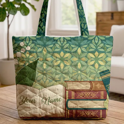 Lily of the Valley Vintage Books Your Name - Home Decor Gift Quilted Tote Bag