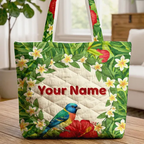 Tropical Finch Hibiscus Plumeria Leaves Floral Wreath - Botanical Bird Lover Gift Quilted Tote Bag
