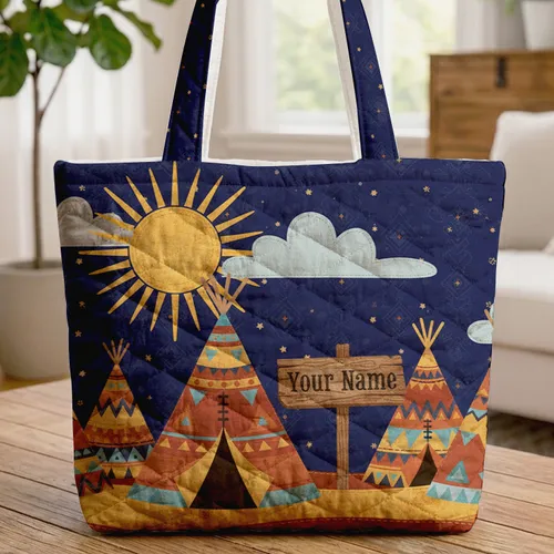 Teepee Village Sun Stars Clouds Name Sign - Western Folk Art Home Decor Everyday Gift Quilted Tote Bag
