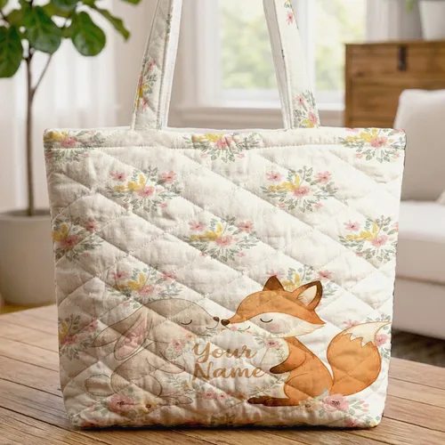 Bunny Fox Floral Wreath Personalized - Everyday Tote Gift for Kids Quilted Tote Bag