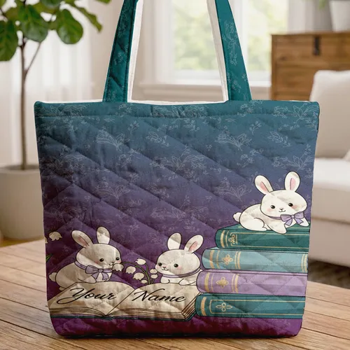 Custom Name Lily of the Valley Journal Antique Books - Book Lover Gift Quilted Tote Bag