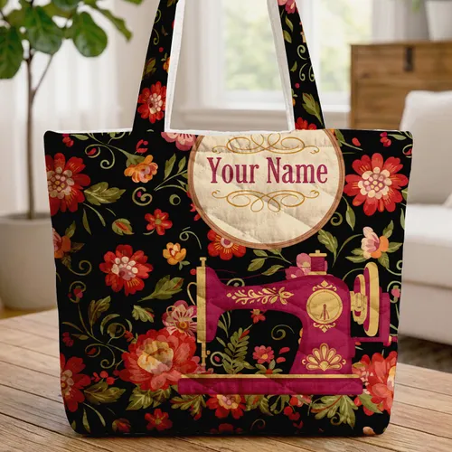 Vintage Sewing Machine Folk Floral Personalized Name - Sewing Enthusiast Gift Quilted Tote Bag
