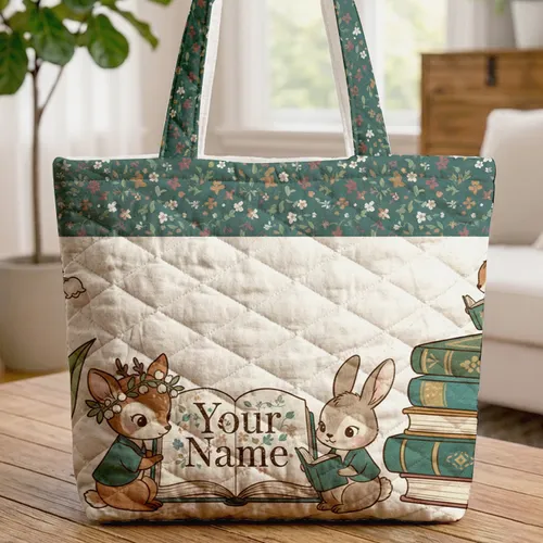 Ivy Blossom Lily of the Valley Antique Leather Books Personalized Everyday Tote Gift Quilted Tote Bag