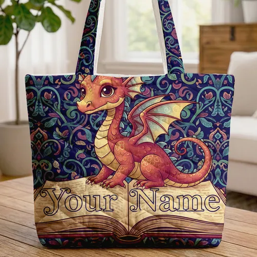 Majestic Dragon Storybook Personalized Gift for Fantasy Lover Quilted Tote Bag