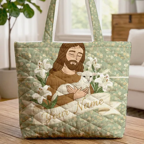 Benevolent Figure White Lamb White Lilies Name Ribbon Floral Sprigs - Spiritual Gift Faith Lifestyle Quilted Tote Bag