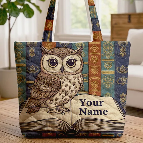 Wise Owl Open Book Gold Spines - Book Lover Everyday Carry Gift Quilted Tote Bag